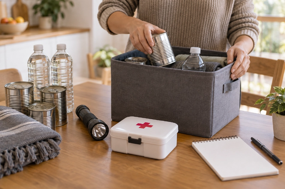 A person packs a grey storage bin with tinned goods and water bottles next to a first aid kit, torch, and notebook on a wooden table.